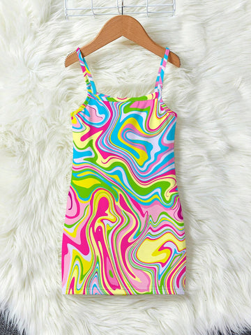 Rainbow Striped Pattern Young Girl's Casual Simple Spaghetti Strap Midi Dress, Suitable For Summer