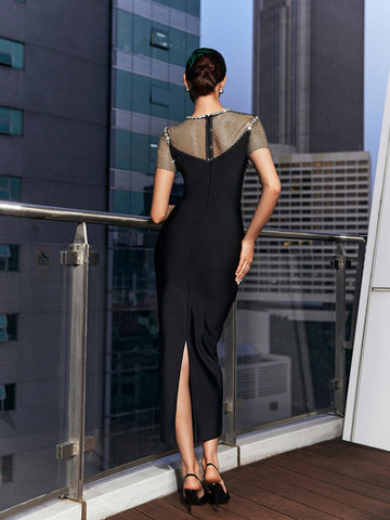 Rainey Crystal Mesh Bandage Midi Dress