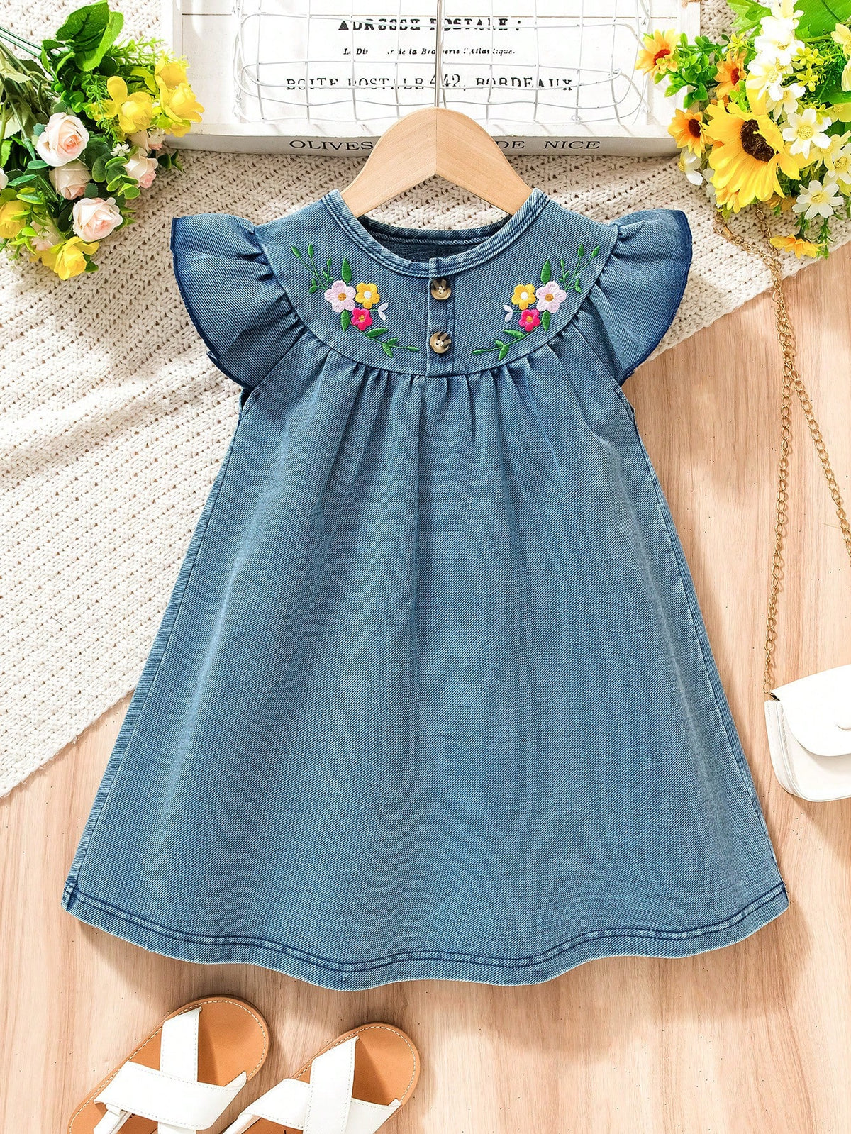 Ramadan Floral Embroidery Round Neck Cap Sleeve Casual Comfortable Denim Dress For Young Girl
