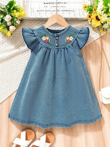 Ramadan Floral Embroidery Round Neck Cap Sleeve Casual Comfortable Denim Dress For Young Girl