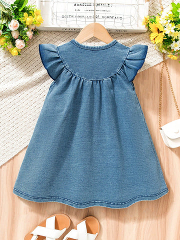 Ramadan Floral Embroidery Round Neck Cap Sleeve Casual Comfortable Denim Dress For Young Girl