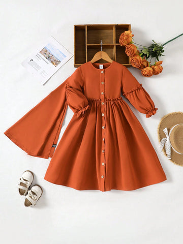 Ramadan Young Girl Children's Conservative Buttons And Ruffles Open-Front Long-Sleeved Long Dress