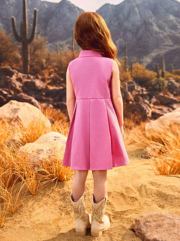 Young Girls Sleeveless Mauve Red Dress, Simple & Elegant Design With Pouch Flap & Metal Button Accent For Playful Western Style