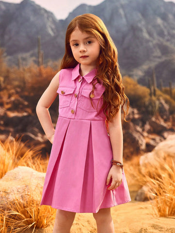 Young Girls Sleeveless Mauve Red Dress, Simple & Elegant Design With Pouch Flap & Metal Button Accent For Playful Western Style