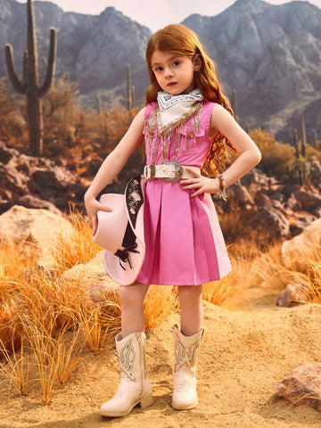 Young Girls Sleeveless Mauve Red Dress, Simple & Elegant Design With Pouch Flap & Metal Button Accent For Playful Western Style