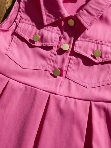 Young Girls Sleeveless Mauve Red Dress, Simple & Elegant Design With Pouch Flap & Metal Button Accent For Playful Western Style