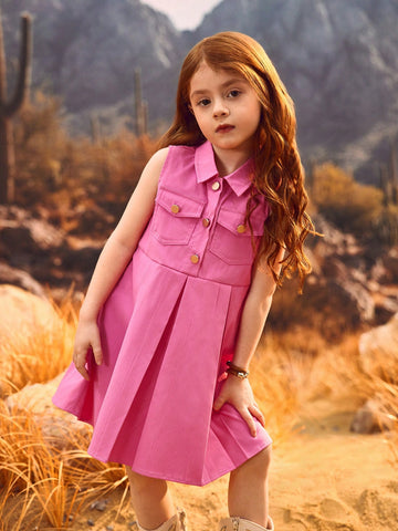 Young Girls Sleeveless Mauve Red Dress, Simple & Elegant Design With Pouch Flap & Metal Button Accent For Playful Western Style