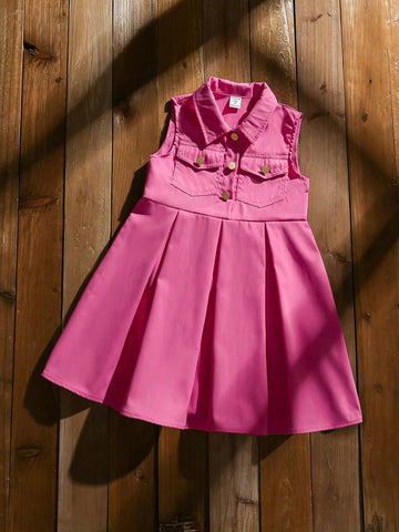 Young Girls Sleeveless Mauve Red Dress, Simple & Elegant Design With Pouch Flap & Metal Button Accent For Playful Western Style