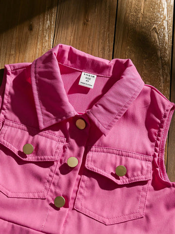 Young Girls Sleeveless Mauve Red Dress, Simple & Elegant Design With Pouch Flap & Metal Button Accent For Playful Western Style