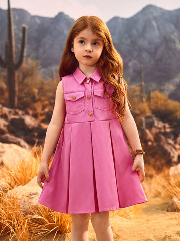 Young Girls Sleeveless Mauve Red Dress, Simple & Elegant Design With Pouch Flap & Metal Button Accent For Playful Western Style