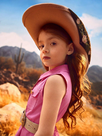 Young Girls Sleeveless Mauve Red Dress, Simple & Elegant Design With Pouch Flap & Metal Button Accent For Playful Western Style