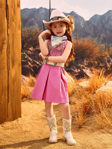 Young Girls Sleeveless Mauve Red Dress, Simple & Elegant Design With Pouch Flap & Metal Button Accent For Playful Western Style