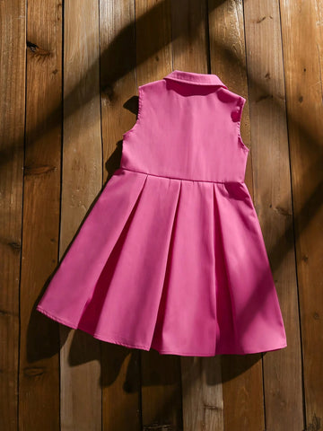 Young Girls Sleeveless Mauve Red Dress, Simple & Elegant Design With Pouch Flap & Metal Button Accent For Playful Western Style