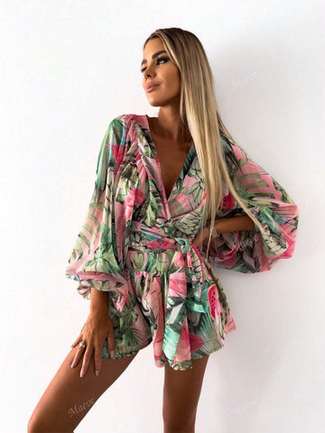 Random Floral Print V-Neck Long Sleeve Jumpsuit