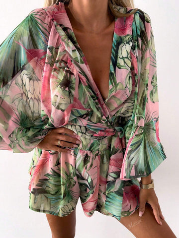 Random Floral Print V-Neck Long Sleeve Jumpsuit
