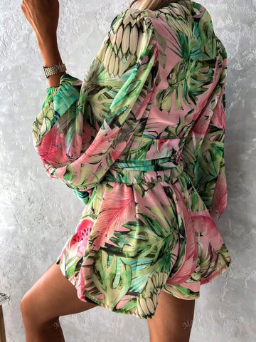 Random Floral Print V-Neck Long Sleeve Jumpsuit