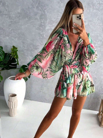 Random Floral Print V-Neck Long Sleeve Jumpsuit