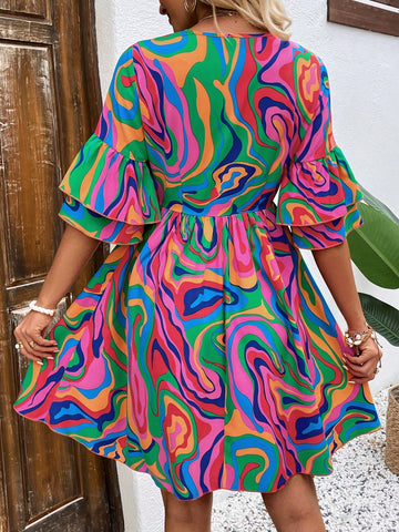 Random Leaf Print Ruffled V-Neck Dress
