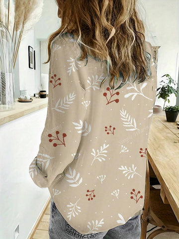 Random Print Casual Women Front Button Long Sleeve Shirt
