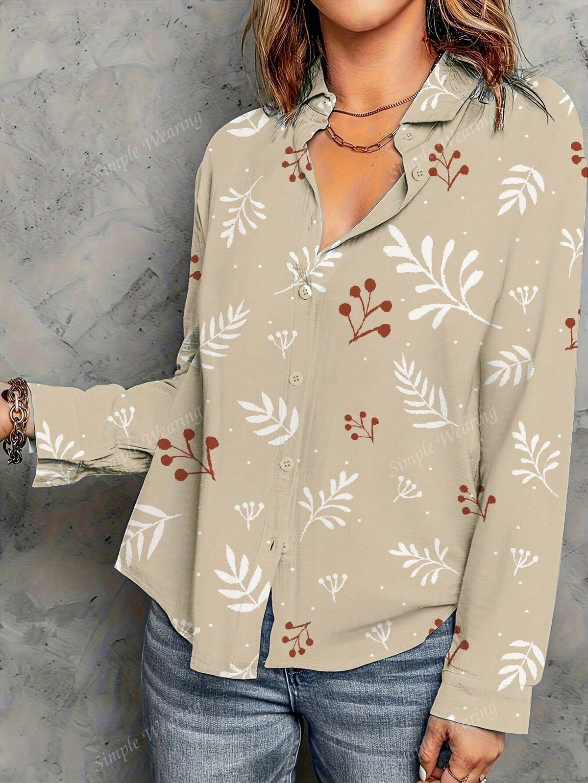 Random Print Casual Women Front Button Long Sleeve Shirt