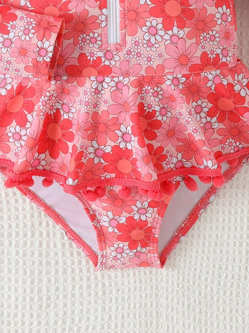 Random Print Young Girl One-Piece Swimsuit