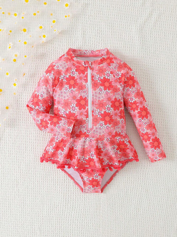 Random Print Young Girl One-Piece Swimsuit