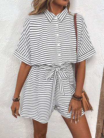 Random Striped Batwing Sleeve Front Button Romper