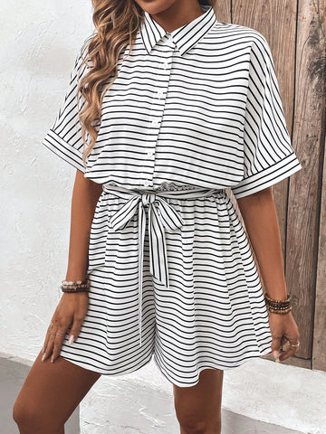 Random Striped Batwing Sleeve Front Button Romper