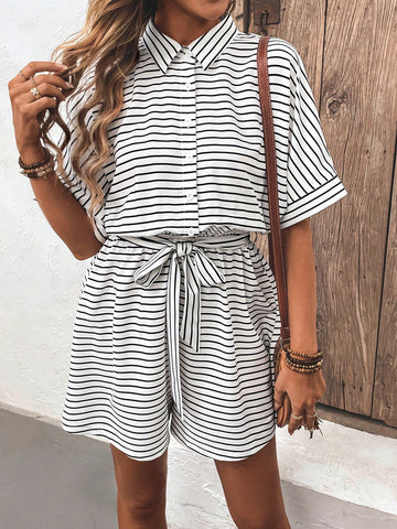 Random Striped Batwing Sleeve Front Button Romper