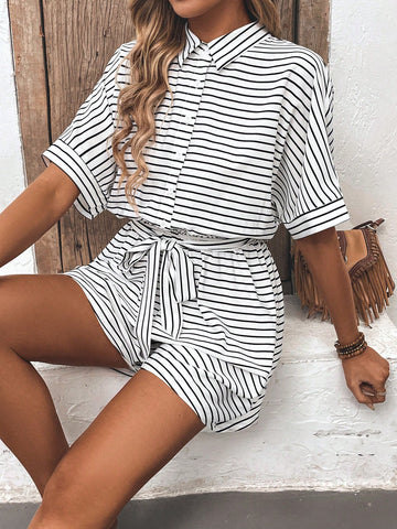 Random Striped Batwing Sleeve Front Button Romper