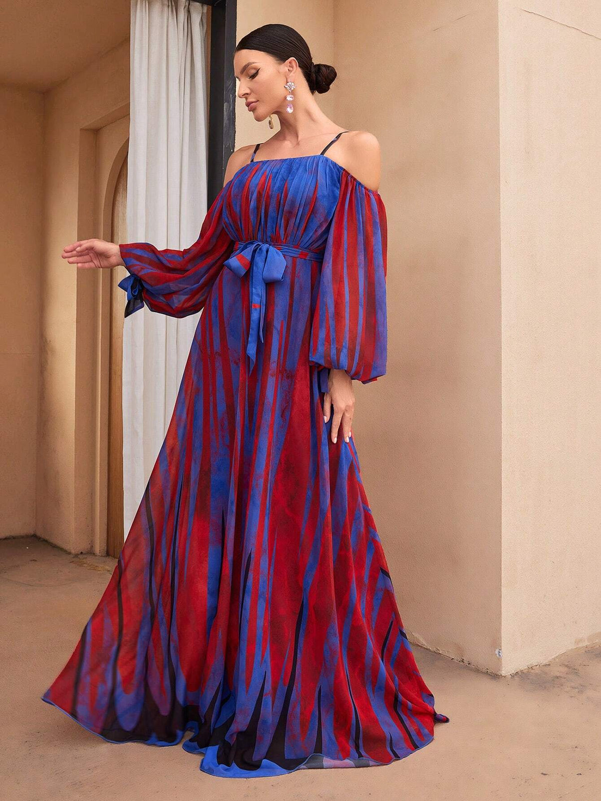 Randomly Cut Floral Print Watercolor Off Shoulder Strap Lantern Sleeve Waist Tie Digital Watercolor Iridescent Stripe Printed Elegant Chiffon Dress