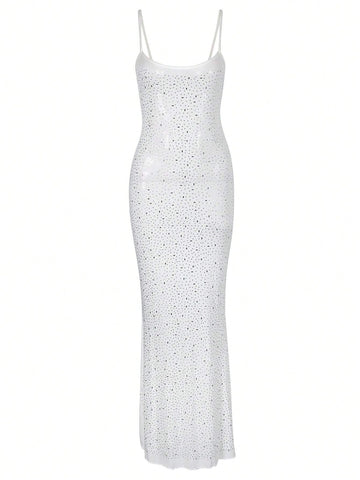 Rave Mesh See-Through Rhinestone Stretchy Square Neck Mermaid Hem Spaghetti Strap Bodycon Dress Party Night Dating Outfits