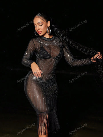 Rave Mesh Stretchy Long Sleeve Fireworks Pattern Embellished Stand Collar Dress With Rhinestone Decor And Fringed Sheer Mesh Details Bodycon Party Dress