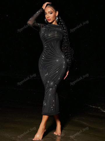 Rave Mesh Stretchy Long Sleeve Mock Neck Fireworks Pattern Bodycon Evening Dress With Hotfix Rhinestones