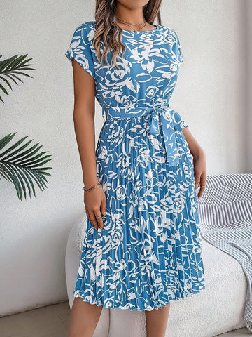 Real Shot Floral Print Batwing Sleeve Dress With Tie-Up Design & Pleated Hem, Spring/Summer