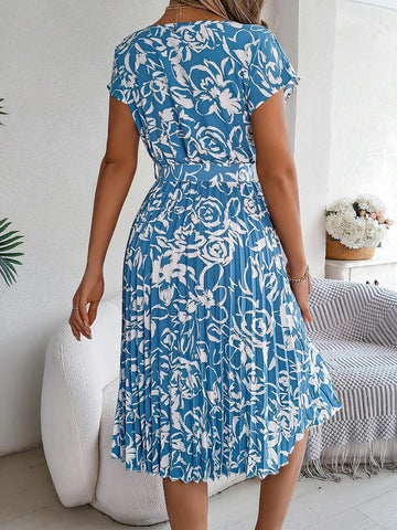 Real Shot Floral Print Batwing Sleeve Dress With Tie-Up Design & Pleated Hem, Spring/Summer