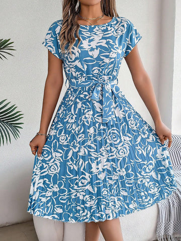 Real Shot Floral Print Batwing Sleeve Dress With Tie-Up Design & Pleated Hem, Spring/Summer