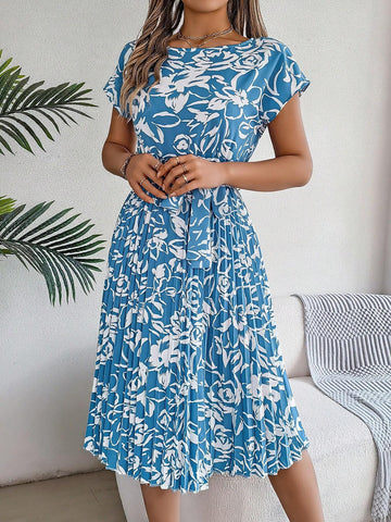 Real Shot Floral Print Batwing Sleeve Dress With Tie-Up Design & Pleated Hem, Spring/Summer