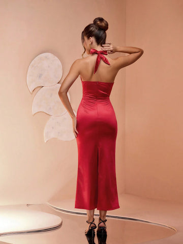 Red Carpet Elegant Sleeveless Satin Midi Dress, Fitted Silhouette, Back Slit Design, Ruched Waist Flattering, Formal Occasion Gown For Wedding, Party, Banquet
