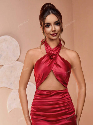 Red Carpet Elegant Sleeveless Satin Midi Dress, Fitted Silhouette, Back Slit Design, Ruched Waist Flattering, Formal Occasion Gown For Wedding, Party, Banquet
