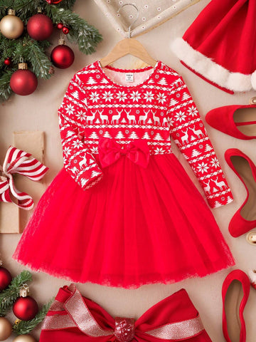 Red Christmas Print Mesh Tulle Dress With Bow Decor For Girls, Festive Vibe, Spring Autumn