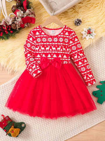 Red Christmas Print Mesh Tulle Dress With Bow Decor For Girls, Festive Vibe, Spring Autumn