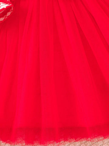 Red Christmas Print Mesh Tulle Dress With Bow Decor For Girls, Festive Vibe, Spring Autumn