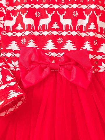 Red Christmas Print Mesh Tulle Dress With Bow Decor For Girls, Festive Vibe, Spring Autumn
