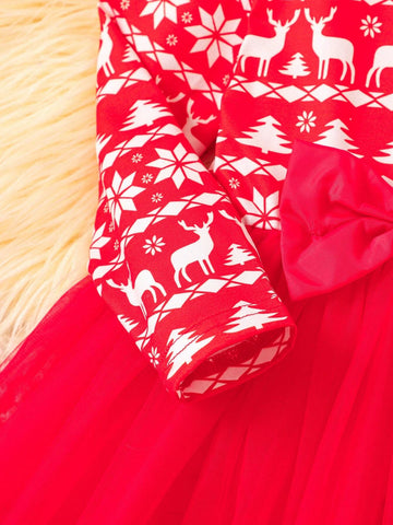 Red Christmas Print Mesh Tulle Dress With Bow Decor For Girls, Festive Vibe, Spring Autumn
