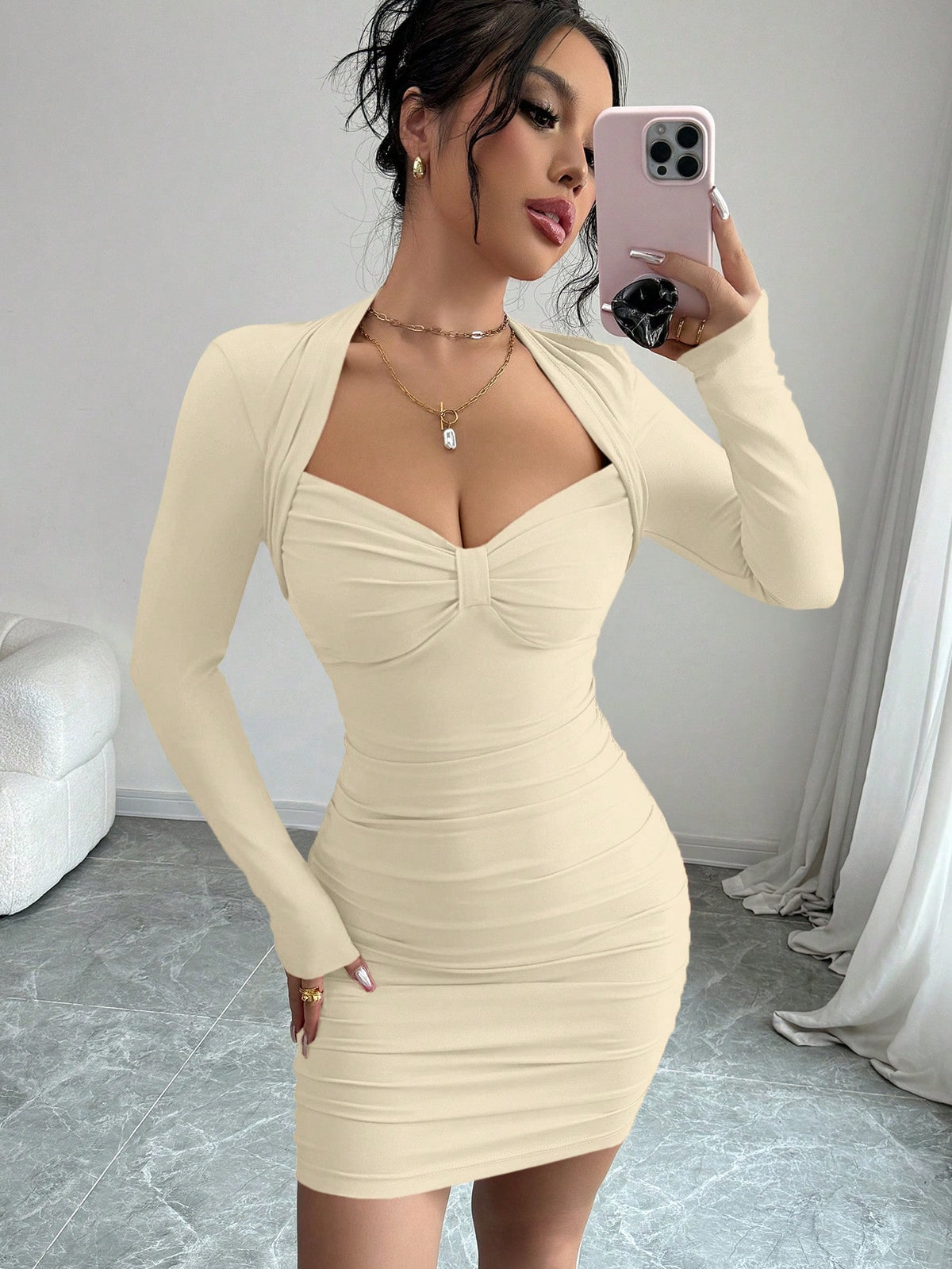 Red Color Elegant Sexy Sweetheart Neck Long Sleeve Ruched Slim Fit Mini Party Dress,Dating,Romantic,Fashionable,Valentine's Day,Hot Girl,Autumn And Winter New Women's Clothing