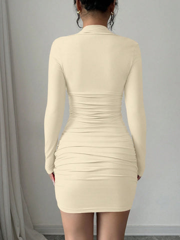 Red Color Elegant Sexy Sweetheart Neck Long Sleeve Ruched Slim Fit Mini Party Dress,Dating,Romantic,Fashionable,Valentine's Day,Hot Girl,Autumn And Winter New Women's Clothing