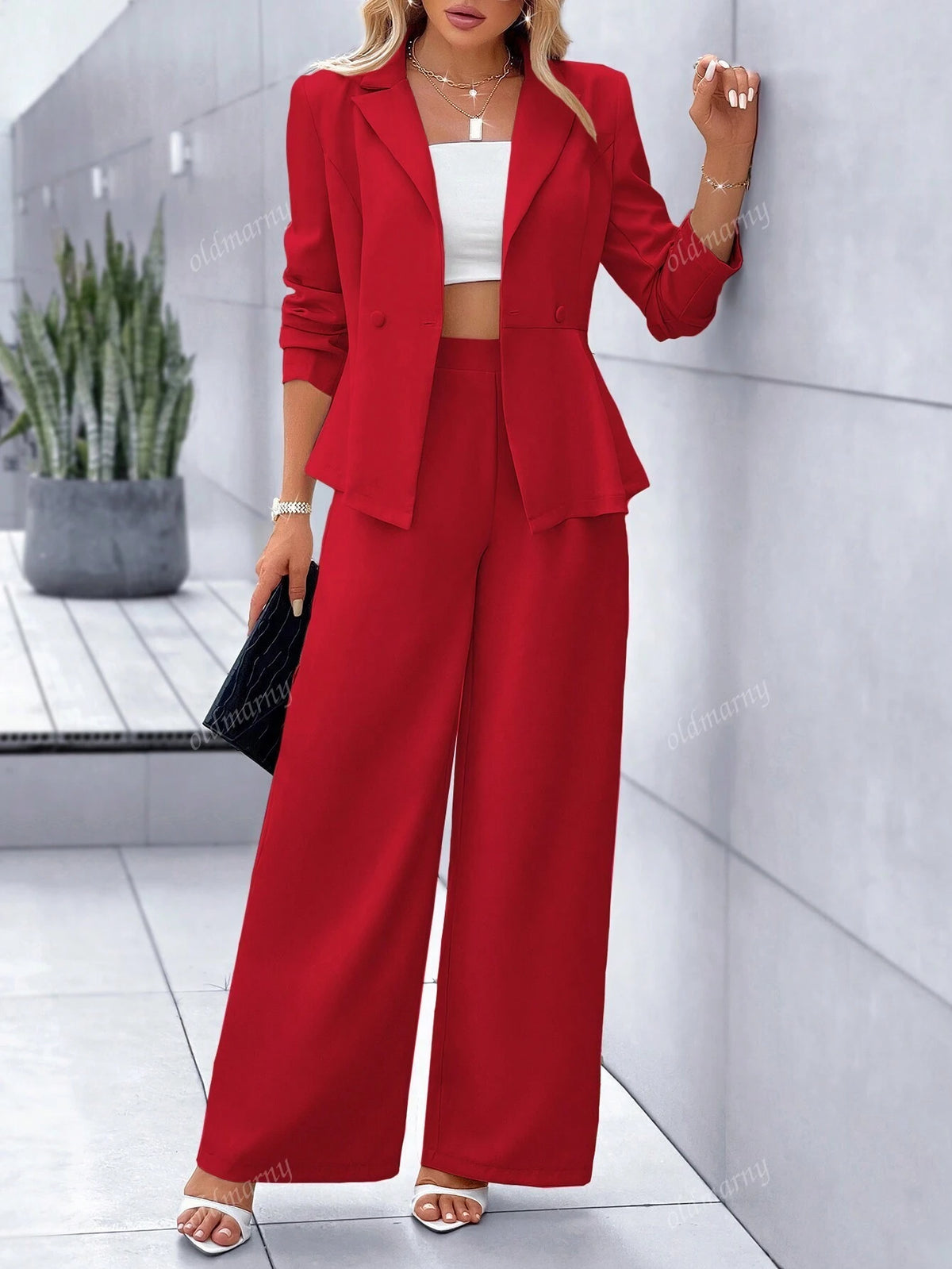 Black Color Lapel Neck Peak Collar Double Button Long Sleeves Asymmetrical Hem Blazer And Wide Leg Pants Two-Piece Set Women's Clothes,Workplace,Commuting,2024 Autumn And Winter Old Money Style