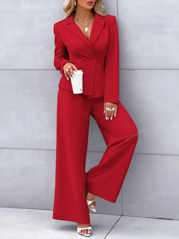 Black Color Lapel Neck Peak Collar Double Button Long Sleeves Asymmetrical Hem Blazer And Wide Leg Pants Two-Piece Set Women's Clothes,Workplace,Commuting,2024 Autumn And Winter Old Money Style