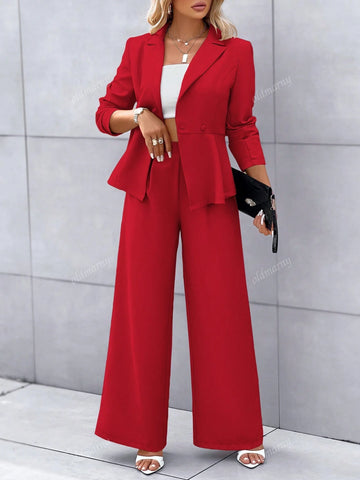 Black Color Lapel Neck Peak Collar Double Button Long Sleeves Asymmetrical Hem Blazer And Wide Leg Pants Two-Piece Set Women's Clothes,Workplace,Commuting,2024 Autumn And Winter Old Money Style
